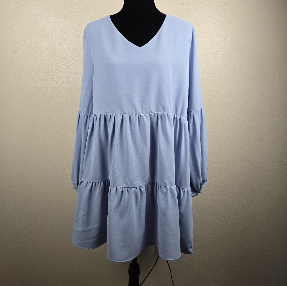 Blue Tiered Babydoll Long Sleeve Dress – Size L – 100% Polyester